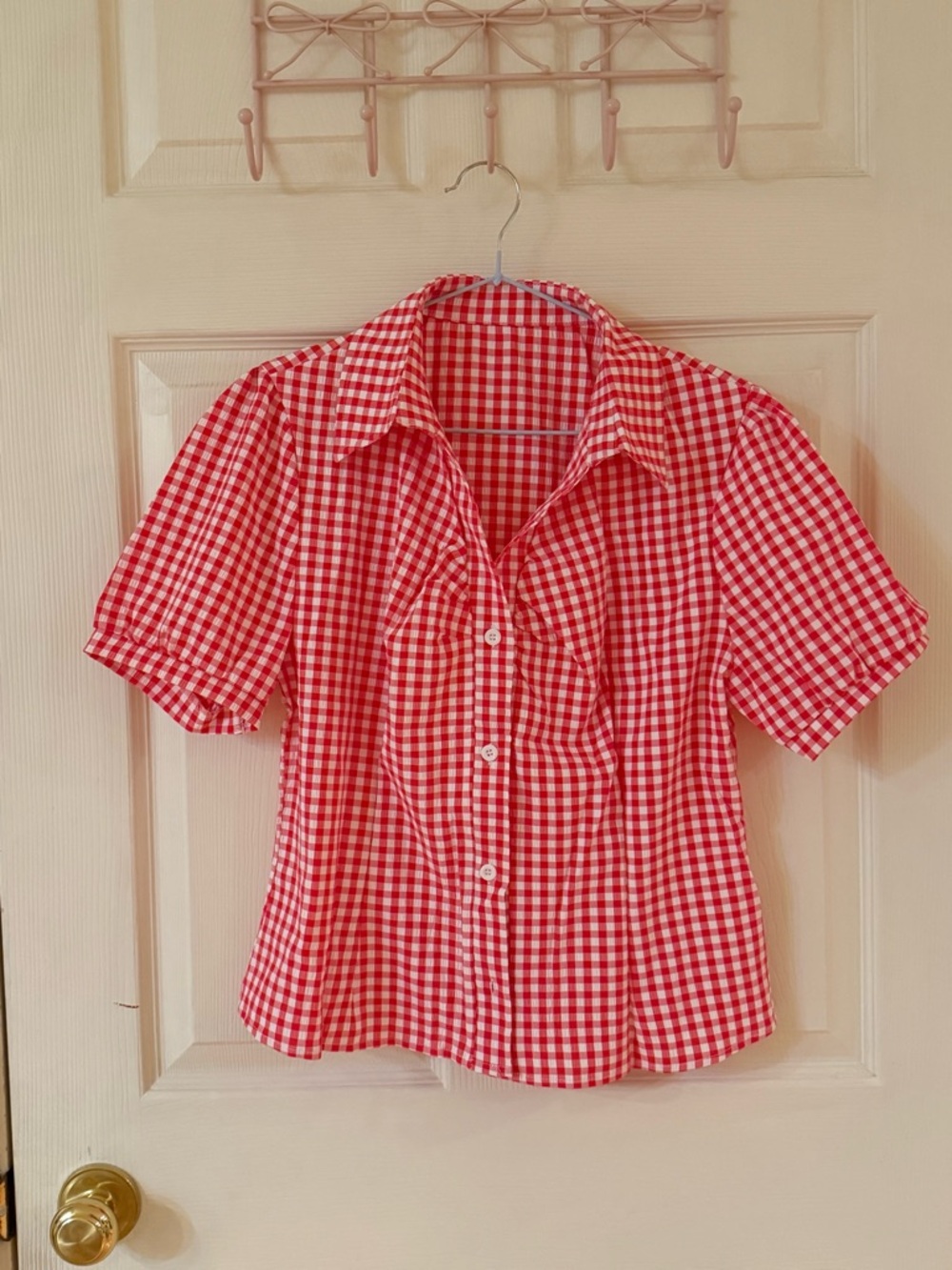 NWOT Red Gingham Button-Up Short Sleeve Blouse